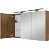 Planetmöbel ARIA Armadio a specchio con illuminazione, 120 x 70 x 16 cm, Armadietto da bagno sospeso con specchio, Rovere dorato, con lampada e presa elettrica, per bagno ospiti