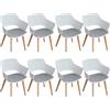 JZGORC Set di 8 Sedie da Pranzo Moderne, Sedia da Pranzo in Stile Nordico con Braccioli, Gambe in Faggio, Sedia da Cucina Imbottita in Plaid di Lino - Bianco