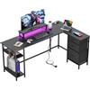 DEVAISE Scrivania Angolare L 168×103 cm con cassetti, scrivania con presa elettrica e USB, tavolo computer con spazio di archiviazione per home office e camera da letto, nero