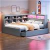 YuQozii Divano in legno massello 140 x 200 cm, con cassetti extra grandi, con presa USB e striscia luminosa a LED, con ripiani e ripiani, ampio spazio di archiviazione, doppio letto in legno