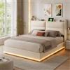 JOROBURO Letto Contenitore 140x200 cm, Letto Imbottito Velluto Beige, Letto con LED, USB Type-C e Ricarica Wireless, Letto Salvaspazio con Sollevamento Idraulico, Doghe in Legno e Telaio Metallo