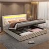 Rtopsu Letto Imbottito Letto Matrimoniale 180x200 cm con Testata a LED, Letti con Contenitore, Struttura Letti con Struttura Metallica Idraulica e Doghe in Legno, PU, Bianco, Senza Materasso