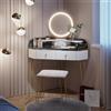 Vicco Tavolo da trucco ad angolo Amira, Bianco lucido, 99 cm con specchio LED, sgabello e USB, adatto per essere posizionato salvaspazio negli angoli della stanza