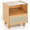 GIANTEX Comodino in Bambù, Comodone da Letto con Cassetto in Rattan e Scomparto Aperto, Tavolino con Piano in Vetro, 43 x 35 x 50 cm(1 Naturale)