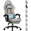 SOLAVERO Sedia Gaming Massaggiante in Tessuto Suédine, Poltrona Gaming Ergonomico con Supporto Lombare, Sedia Gamer con Poggiapiedi Telescopico, Portata 150kg, Grigio