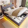 HOXINBLY Letto Matrimoniale con Contenitore 140x200 cm con LED e USB, Letto imbottito una piazza e mezza con Testiera e Vano Portaoggetti,con rete a doghe, Struttura Grigio