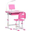 HOMCOM Banco Scuola con Sedia per Bambini 6-12 Anni Altezza Regolabile, Piano Inclinabile a 45° e Lampada LED, Acciaio e MDF, Rosa