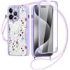 Coiwxmoi Cover Cordino per iPhone 15 Pro 6,1, Corda Collana Tracolla Laccio Custodia con Aesthetic Fiori Disegni, Morbido Silicone Bumper 360 ° Antiurto Case con Pellicola Protettiva Trasparente 02