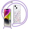 Saqmkil Magnetica Cover con Cordino per iPhone 15 6,1, Compatibile con MagSafe Custodia con Collana Tracolla Laccio, Trasparente Aesthetic Disegni Fiori TPU Silicone Antiurto Protettiva Case, Viola 1