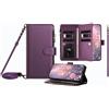 JZ Multi-Function Leather Portafoglio Caso per Google Pixel 10a with 9 Card Slots, Borsa con cerniera, cinturina a polso e tracolla, carica wireless compatibile - Violet