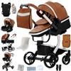 Magic ZC Pelle PU Passeggino Trio, Passeggino 3 in 1 con Spinta Reversibile a Due Vie, Trio Neonati con Accessori, Carrozzina per Neonati con Design Portatile Pieghevole Un Clic (L518 Khaki)