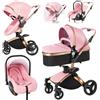 Aveainelle Pelle PU Passeggino 3 in 1, Trio Neonati da Viaggio Reversibile, Passeggino Pieghevole One-Click e Accessori Completi, Sedili Regolabili Rotanti 360° (906 Pink)
