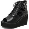 TNMIUH Sandali con Zeppa e Platform da Donna con Lacci, Tronchetti Estivi Spuntati Stile Goth Punk, Sandali alla Schiava con Ritagli Nero,Nero,46.5 EU