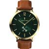 Lilienthal Berlin Orologio da uomo The Classic in Gold Green - Orologio da polso in acciaio chirurgico con movimento al quarzo e vetro minerale zaffiro - 42,5 mm, Cinturino in pelle marrone chiaro,