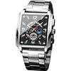 FORSINING Orologio analogico Qaurtz da uomo, alla moda, impermeabile, rettangolare, con scheletro, data, in acciaio inox, con fasi lunari, Argento, Bracciale