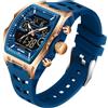 findtime Tonneau - Orologio da polso da uomo, analogico, digitale, rettangolare, alla moda, sportivo, militare, impermeabile, con LED, cronometro, conto alla rovescia, sveglia, schermo curvo, Oro rosa