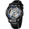 FORSINING Orologio automatico da uomo, scheletro, meccanico a carica manuale, cinturino in vera pelle, quadrante con numeri romani, orologio casual, Nero e blu, Cinturino