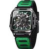 DAXIAOYU Orologio da polso sportivo da uomo, con scheletro, automatico, quadrato, cavo, quadrante con incisione, cinturino in silicone, traspirante, idea regalo per uomo, Nero verde