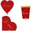 Generico Set Party Love Ti Amo per San Valentino, Piatti, Bicchieri e Tovaglioli Coordinati, Motivo Cuori e Baci, Oro e Rosso (Con Tovaglia)