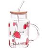 Sizikato - Tazza in vetro trasparente con coperchio e cannuccia, 425 ml, motivo: fragola