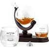 Maverton Decanter per Whisky in vetro - incisione personalizzata - Caraffa a forma di mappamondo da 850 ml + 2 bicchieri da whisky - regalo uomo - original