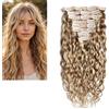 LARAFONA - Extension con clip in capelli veri, 9A, ricci grandi, balayage con riflessi castano e biondo, Virgin Remy, extension in capelli umani, P8/613#, 50 cm/20 pollici