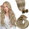 LaaVoo Extension Capelli Veri Cheratina Biondo Chiaro con Riflessi Dorati 55cm 100g 100 Ciocche, Morbidi e Setosi, per Cerimonie Importanti Colore 16-22
