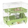 PawHut Gabbietta per Criceto a 2 Livelli e 3 Porte con Ruota Silenziosa, Lettiera e Tubi di Gioco, Gabbia per Animali in Acciaio, PS e PP, 44.5x28x44 cm, Verde e Bianco