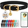 BRONZEDOG Collare per gatti in pelle con etichetta QR-ID rimovibile, collare per gattini con campane, non si stacca, per ragazze e ragazzi (18-22 cm, nero e oro)