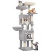 Hzuaneri Tiragraffi, Albero per Gatti da 159 cm con 8 Tiragraffi, 3 Piattaforme, 2 Grotte, Cestino, Palline di Peluche, Corda di Sisal, Grigio Chiaro MS15918LG