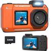 Giwnhvx Fotocamera Impermeabile 4K 65MP Fotocamera Subacquea con Scheda 64G per Snorkeling Autofocus Selfie Doppio Schermo Arancione