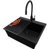 PRIMAGRAN Lavandino da Cucina Tutto Nero 58x50cm, Lavello in Granito a 1 vasca + Rubinetto 40x38cm + Set di accessori, Lavabo da Cucina Incasso al Mobile 60cm - Riga S394