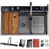 DSMRLEOP Lavello da cucina, design a cascata e finitura in acciaio inossidabile nero, grande lavello a vasca singola stile fattoria, lavello di preparazione con rivestimento nano con rubinetto