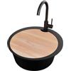PRIMAGRAN Lavandino Rotondo Nero 53x53cm, Lavello in Granito a 1 vasca + Rubinetto 32x20cm + Set di accessori, Lavabo da Cucina Incasso al Mobile 50cm - Pise S045