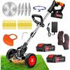 Tucssarg Decespugliatore a Batteria 21V Tagliaerba a Batteria, Tagliabordi Elettrico con 2 2.0Ah Batterie e 4 Tipi di Lame, Ruote Rimovibili, Decespugliatori da Giardino Altezza Regolabile per Prati, Arbusti
