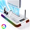 AARONMEI Supporto per stazione di raffreddamento per PS5 Slim/PS5 con stazione di ricarica per doppio controller, ventola di raffreddamento a 3 stadi, luce RGB, accessorio di PS5, 3 hub USB (Bianco con RGB)