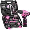 DIFFLIFE Set di 147 attrezzi per trapano elettrico rosa con trapano a batteria da 12 V, kit professionale per la casa, kit di attrezzi per la casa fai da te rosa trapano elettrico senza fili per donne