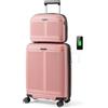 COSTWAY Valigia Bagaglio a Mano 20 con Beauty Case da Viaggio 14, Trolley Bagaglio a Mano con Lucchetto TSA, Porta USB, Ruote Girevoli e Manico Regolabile (Con Beauty + Rosa)