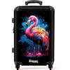 NoBoringSuitcases.com © Valigia rigida con ruote, trolley, bagaglio a mano, 4 ruote, lucchetto TSA (fenicottero colorato davanti a un'esplosione di colore), (Valigia media 67x43x25 cm)