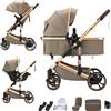 Shineey Passeggino trio,Carrellino per Bebè città 22kg con sedili,Passeggino pieghevole con vista alta,Buggy combinato pneumatici in gomma e vagone per bebè in alluminio (H9BROWN, H9)