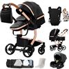 Aveainelle Pelle PU Passeggino 3 in 1, Trio Neonati da Viaggio Reversibile, Passeggino Pieghevole One-Click e Accessori Completi, Doppia Modalità di Freno per Ruote Anteriori e Posteriori (M518 Black)