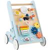 GYMAX Carrello da Passeggio in Legno, Carrello Montessori con Ruote, Spazio di Stoccaggio, Centro Attività per Spingere e Tirare, Carrello per Primi Passi per Bambini e Bambine da 1 Anno in Su (Blu)