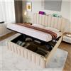 Wyibwy Letto matrimoniale imbottito,testata imbottita con finiture dorate e ricarica USB Type-C,180x200cm,tessuto di lino beige,letto contenitore idraulico,senza materasso