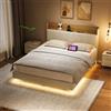 BAJKNIU 140x190 cm Letto matrimoniale imbottito con luci LED e porta USB, letto sospeso con testiera contenitore in similpelle, base a doghe in legno, senza materasso