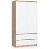 BDW armadio 2 ante, 4 ripiani, appendiabiti, 2 cassetti, appendiabiti, armadio a cassetti, armadio per camere da letto, soggiorni, 180x90x51cm, (Rovere Sonoma/Bianco)