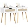 Yaheetech Set 2 Comodini Camera da Letto Comodino con Cassetto in Rattan Gambe in Legno Mobiletto Organizzatore da Letto Tavolini d'Appoggio 48,3 x 40,7 x 57,7 cm Bianco