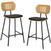 GIANTEX Set di 2 sgabelli da bar, sedia da bar con schienale in rattan, gambe in metallo, sedie da pranzo con seduta curva imbottita e poggiapiedi a 3 lati, per cucina, soggiorno