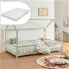 [en.casa] Letto Piazza e Mezza per Cameretta con Materasso a Schiuma Fredda 120 x 200 cm Letto a Casetta con Sbarre per Bambini Struttura in Legno di Pino - Menta Verde