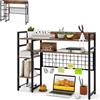 HOMASIS Scaffale da Scrivania a 4 Livelli con 6 Ganci e Griglia, Libreria da Scrivania in Legno e Metallo, Organizer con Protezione Antiribaltamento per Ufficio, Studio, 94 x 25 x 74 cm (Marrone)