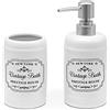 Inbagno Set Accessori Bagno in Ceramica Bianca con Stampe a Contrasto Nere, Stile Vintage, Completo di Dispenser Sapone e portaspazzolini